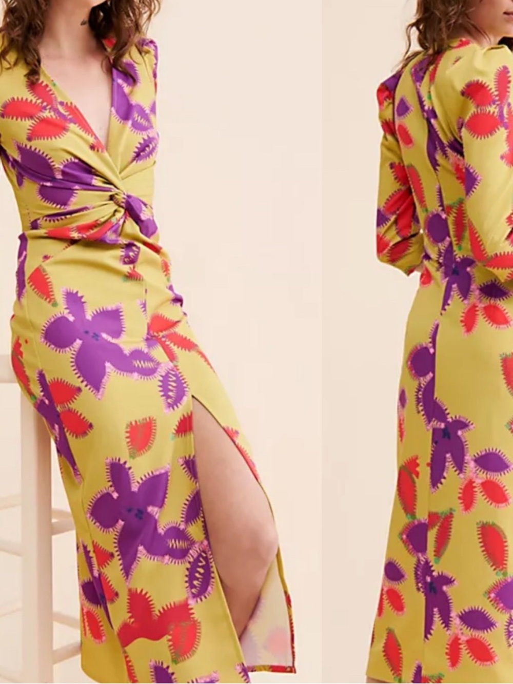 Laagam Lia Dark Chartreuse Floral Printed Twist-Front Dress with Slit